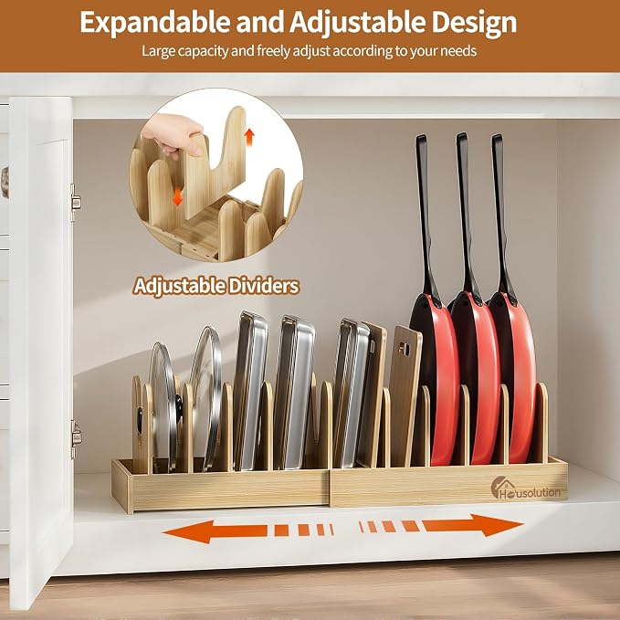 Housolution 2 Pack Bamboo Pot and Pan Lid Organizer Holder Storage Rack | 15"-29" Expandable, 10 Adjustable Dividers, Upgrade Solid Wooden Base, Easy Assembly - Image 2