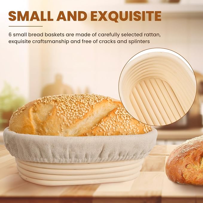 6 Inch Oval Banneton Bread Proofing Basket Set of 6, Kikcoin Mini Sourdough Bread Baking Supplies, Small Banneton Basket Proofing Baskets for Sourdough Bread Baking - Image 3