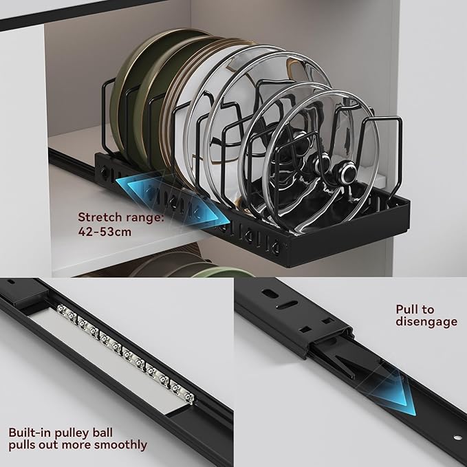 Black Pull Out Pot Lid Organizer, Cabinet Pan Rack | 8 Dividers - Image 5