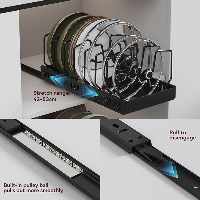 Black Pull Out Pot Lid Organizer, Cabinet Pan Rack | 8 Dividers - Image 5