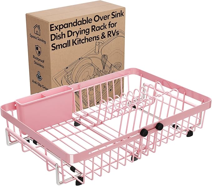 Pink Dish Drying Rack Over The Sink with Utensil Holder | Expandable Stainless Steel Dish Drainer for Small Kitchen, Apartment, RV, Counter Space Saving, Perfect Fit, Rustproof by MAJALiS