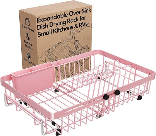 Pink Dish Drying Rack Over The Sink with Utensil Holder | Expandable Stainless Steel Dish Drainer for Small Kitchen, Apartment, RV, Counter Space Saving, Perfect Fit, Rustproof by MAJALiS