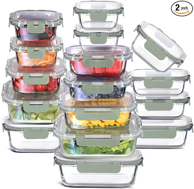 EATEX 32pc Glass Storage Containers with Lids, 16 Glass Food Storage Containers with 16 Airtight Lids for Pantry & Kitchen, Meal Prep Containers for Lunch, Oven Freezer Microwave & Dishwasher Safe by Eatex