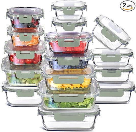 EATEX 32pc Glass Storage Containers with Lids, 16 Glass Food Storage Containers with 16 Airtight Lids for Pantry & Kitchen, Meal Prep Containers for Lunch, Oven Freezer Microwave & Dishwasher Safe by Eatex