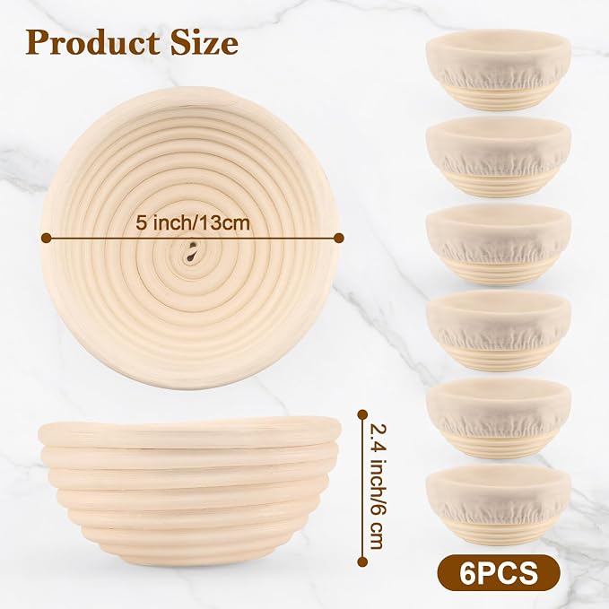 6 Pack 5 Inch Mini Banneton Bread Proofing Basket, Mini Sourdough Baking Supplies, Small Banneton Proofing Baskets for Artisan Bread Baking and Dough Rising - Image 4