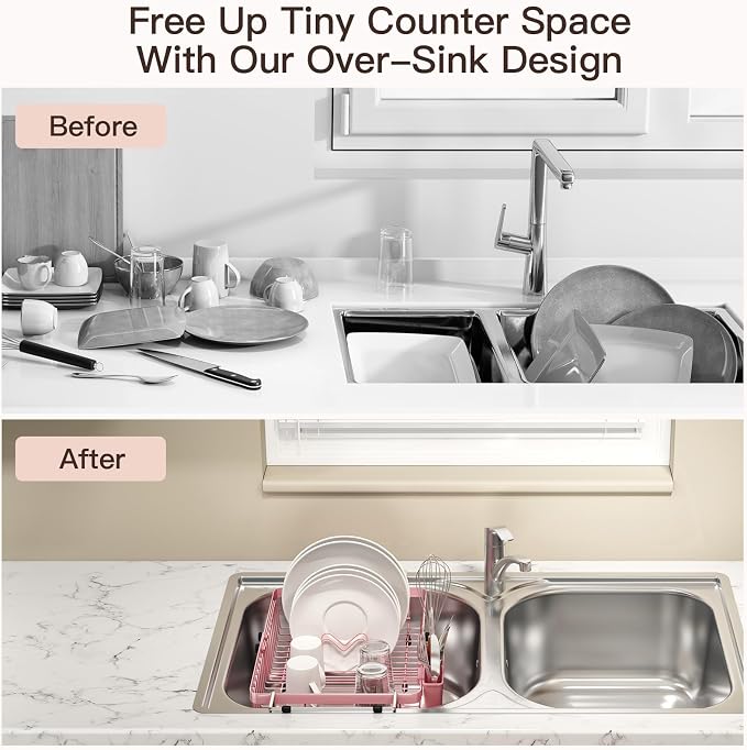 Pink Dish Drying Rack Over The Sink with Utensil Holder | Expandable Stainless Steel Dish Drainer for Small Kitchen, Apartment, RV, Counter Space Saving, Perfect Fit, Rustproof - Image 2
