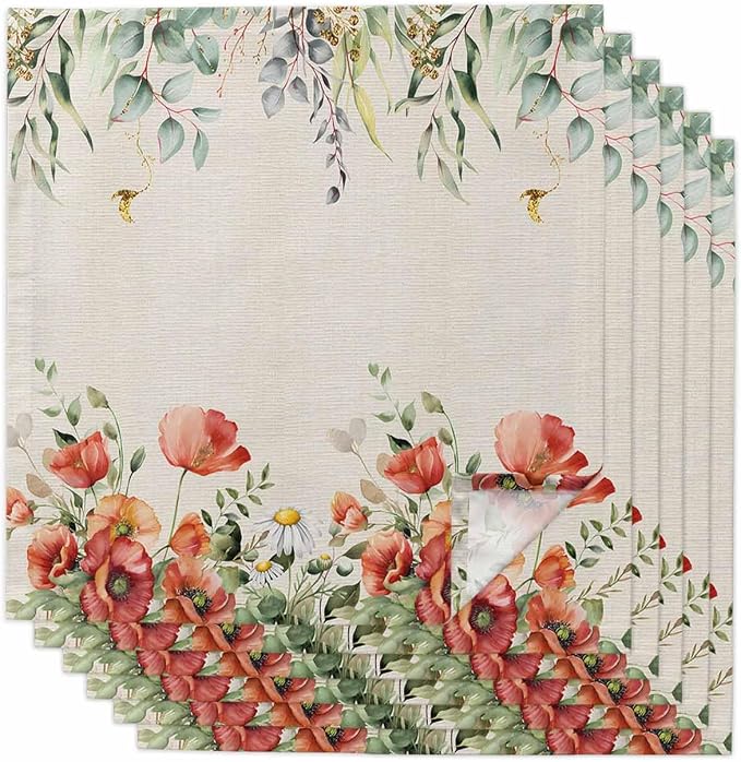 Eucalyptus Poppies Dinner Napkins Cloth Set of 6, Premium Polyester Napkins 20 x 20 Inch, Country Rustic Botanical Flower Plant Washable and Reusable Table Napkins for Wedding Cocktail Hotel by AMZRicher