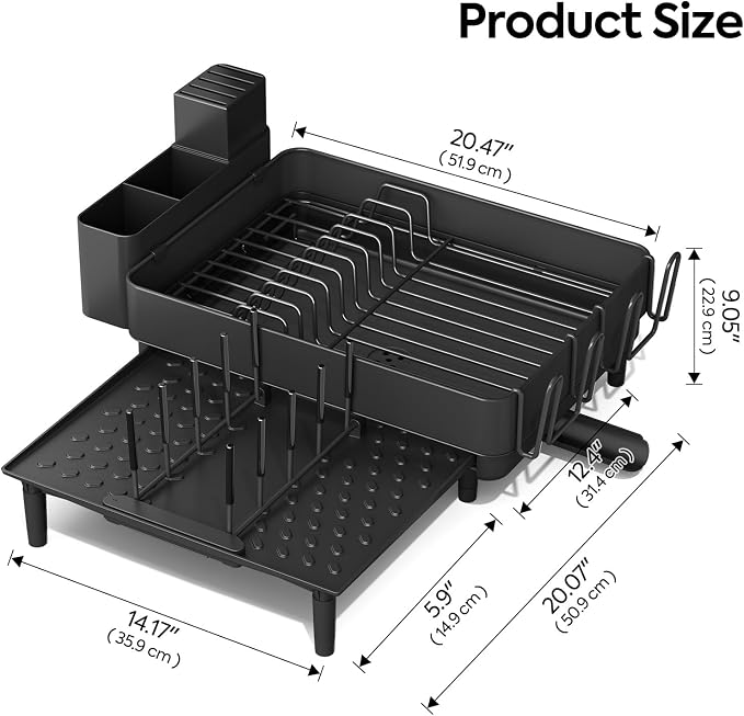 Urackify Expandable Dish Drying Rack, Stainless Steel, Large Capacity | Multifunctional Drainboard for Kitchen Countertop, Removable Cutlery Tray, Foldable Cup Holder, 20.4"L x 20"W, Black - Image 2