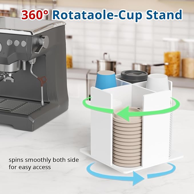 KOTEMON Cup and Lid Holder, 4 Compartment, Square | Rotating Coffee Cup Dispenser Lid Carousel for Restaurant, Buffet, Coffee Station, Bar, Countertop, White Acrylic - Image 2