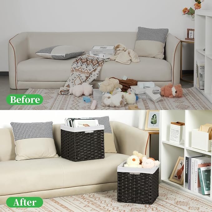 Bidtakay Wicker Cube Baskets with Liners 11 inch 2 Pack Waterproof Imitation Hand-Woven Wicker Storage Baskets for Shelves and Organizing Pantry and Bedroom Blackish-tan - Image 4