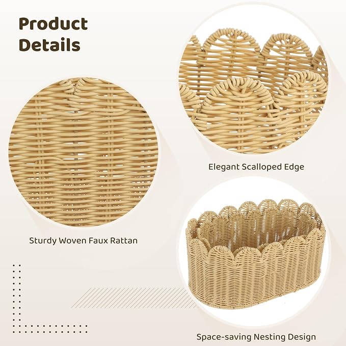 Scalloped Basket Set of 2, Woven Imitation Rattan Storage Baskets, Large & Small Organizer Bins with Scalloped Edges, Rectangular Open Top Containers for Clothes, Toys, Snacks - Image 3