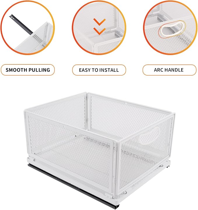 Sliding Cabinet Basket Organizer Drawer Self Adhesive Slide out Pantry Shelves Heavy Duty Carbon Steel Slide Cabinet Storage Basket with Handle for Bathroom Kitchen Home - Image 4