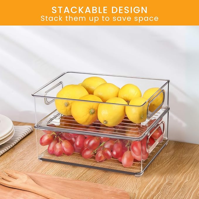 Stackable Refrigerator Organizer Large Bins, 6 Pack (3 Different Size) Clear Kitchen Organizer Container Bins with Handles for Pantry, Cabinets, Shelves, Drawer, Freezer, Fridge - Food Safe, BPA Free - Image 4
