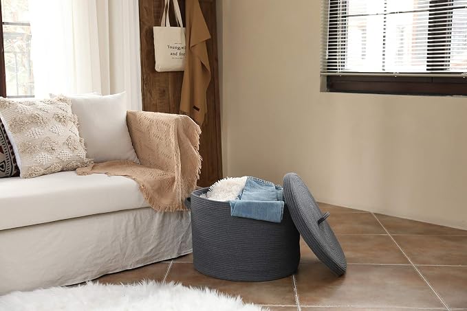 20x15 Inch Extra Large Round Cotton Rope Storage Basket with Lid, Decorative Woven Bin with Cover for Living Room Bedroom Closet, Dark Grey - Image 5