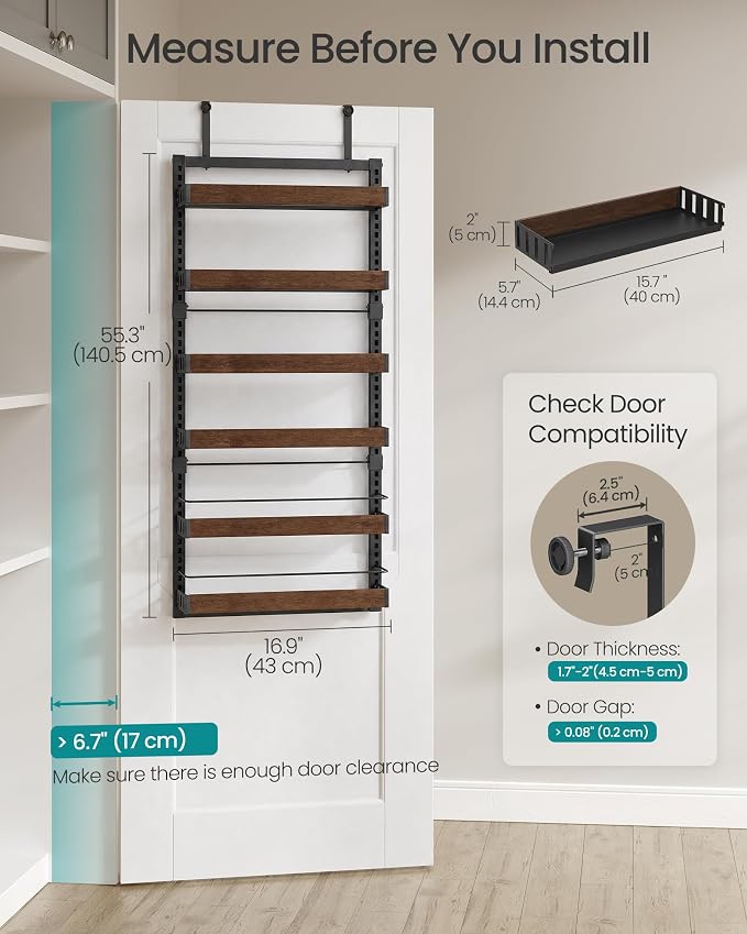 SONGMICS 6-Tier Over the Door Pantry Organizer, Adjustable Spice Rack with Anti-Tipping Wire, Wall Mounted Storage, 16.9 x 6.2 x 55.3 inch, Ink Black and Natural Walnut, UKCS048B101 - Image 5