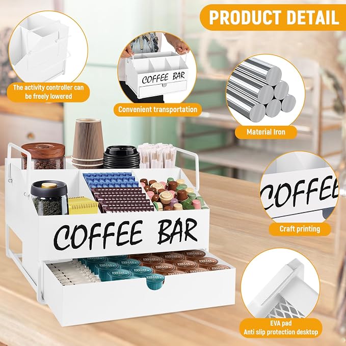 Coffee Bar Accessories Organizer - Countertop Coffee Station with Drawer, Pod Holder & Condiment Organizer，White - Image 2