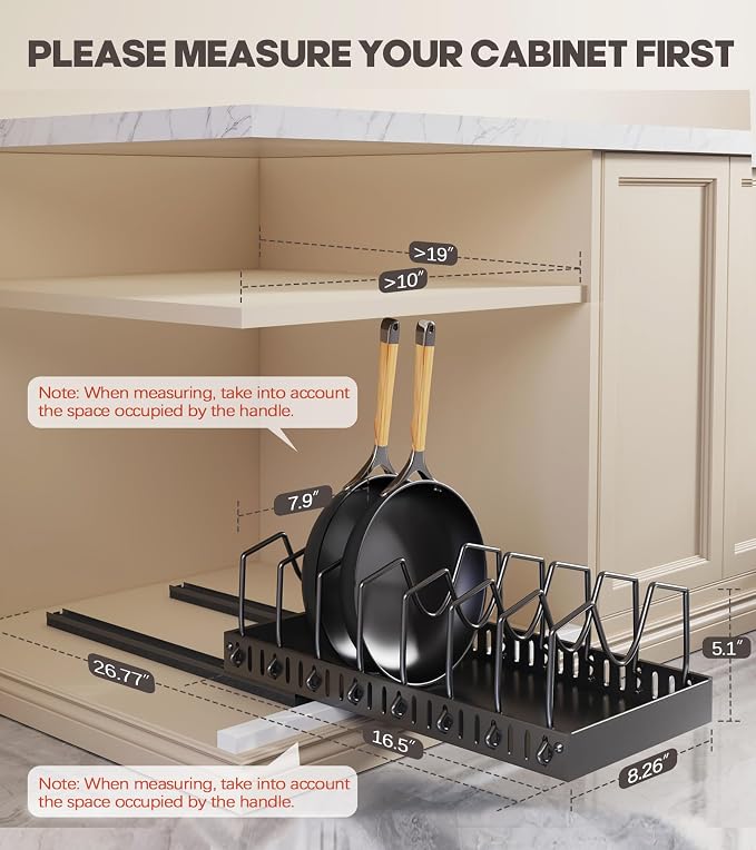 Lozovin Pull Out Pots and Pans Organizer Under Cabinet, Sliding Lid Holder and Pan Rack in Kitchen, Slide Out inside Cabinet Storage for Pot Lid, Bakeware, Dishes, 8 Adjustable Dividers, 1 Pack Black - Image 2