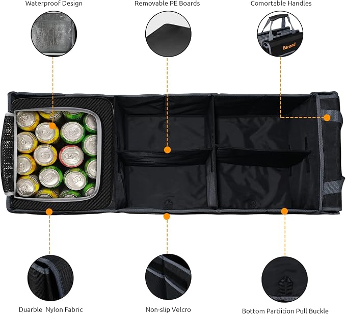 Collapsible Trunk Organizer with Insulated Leakproof Cooler Bag,Removable Lid,Adjustable Securing Straps,3 Compartments Trunk Organizer for SUV,Truck,Sedan(Grey & Black) - Image 3