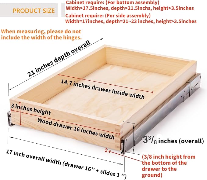16”W x 21”D x 3‘’H Soft Close Slide Out Wood Drawer Organizer for Kitchen, Finished, (Cabinet Opening>17.5 inches for Bottom Assembly, Opening= 17 inches for Side Assembly) - Image 3