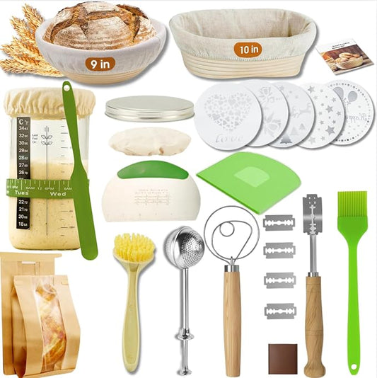 Sourdough starter kit with round and oval proofing baskets, bread sling, fermenter, dough mixer, scraper, mold, complete tool set and bag for complete sourdough bread baking supplies by Unknown