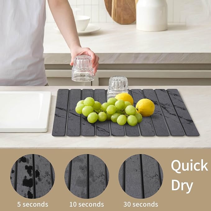 Stone Dish Drying Mat for Kitchen Counter, Large Foldable Marble Quick Dry Diatomaceous Earth Mat with 4 Stone Coasters Set, Ultra Absorbent Collapsible Drying Pad for Bathroom - Image 2