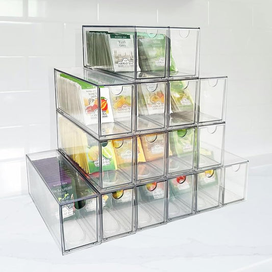 AZEZO 16-Pack Tea Bag Drawers Organizer - 16 Clear Plastic Drawer Tea Bag Holder; Stackable & Portable; Wider Size; Well-Organized Storage for Tea Bags & Kitchen Essentials；High Volume by Unknown