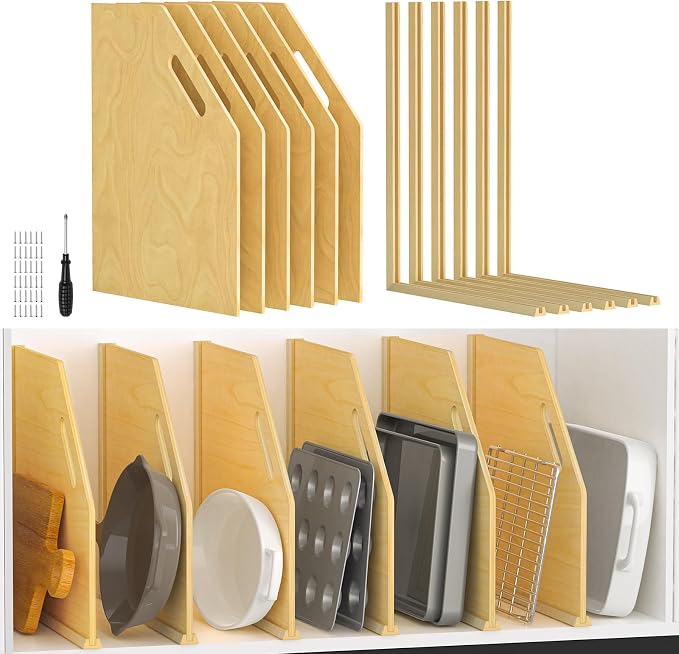 6 Pack Wood Tray Dividers Organizer For Kitchen Cabinet | Adjustable Vertical Cookie Sheet Organizer, Cabinet Dividers Organizer For Pots, Cutting Board, Pans, Lids, Baking Sheets by viespe