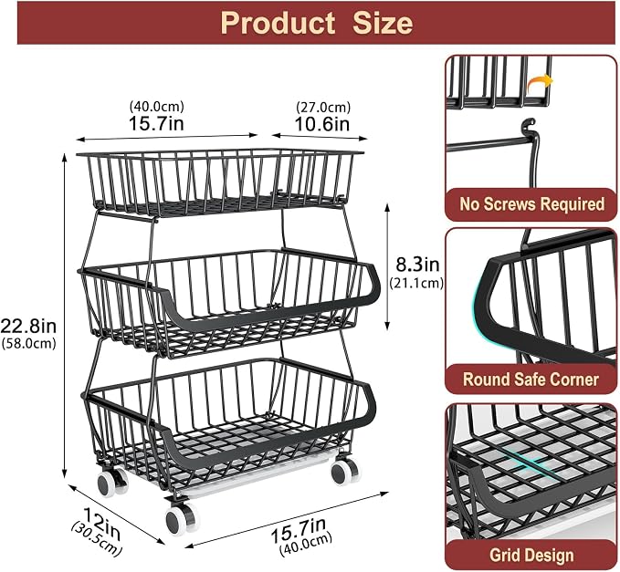 3-Tier Rolling Pantry Cart with Wheels, Stackable Wire Storage Floor Organizer for Kitchen Pantry Snack Shelves, Fruit Basket Stand, Vegetable Storage Rack for Food Snacks Onion Potato - Image 2