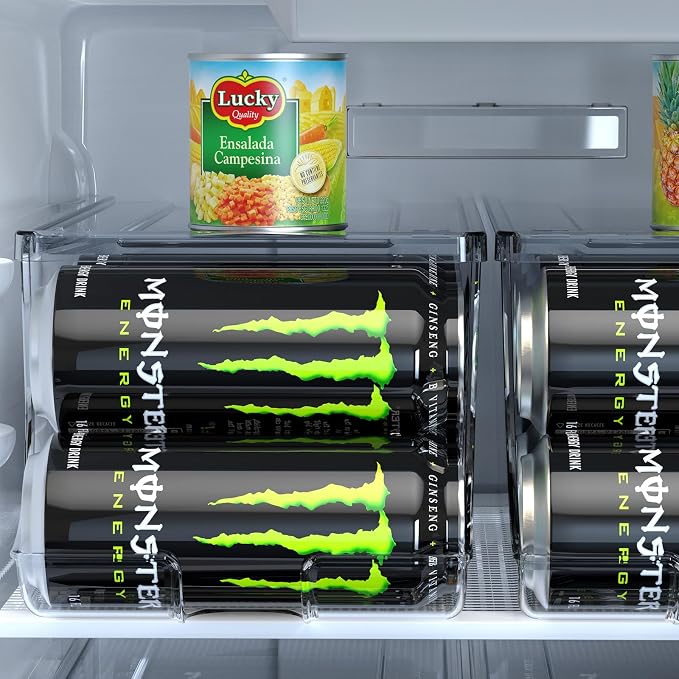 SCAVATA 2 Pack Tall Skinny Can Organizer for Refrigerator, Stackable Large Soda Cans of 16oz & 17oz Beverage Energy Drink Container Holder Dispenser with Lid for Fridge, Clear Storage Plastic Bins - Image 7