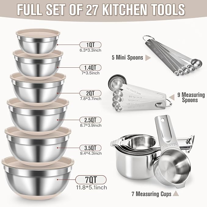 7QT 30PCS Mixing Bowls with Lids Set, 7QT to 1QT Stainless Steel Nesting Bowls with Graters, Non-Slip Silicone Bottom, Large Khaki Bowls & 21 Measuring Cups and Spoons Set Kitchen Appliances - Image 2
