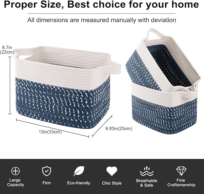 OIAHOMY Storage Basket, Woven Baskets for Storage, Cotton Rope Basket for toys,Towel Baskets for Bathroom - Pack of 3,White Blue - Image 3