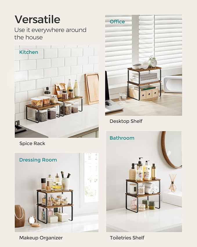 SONGMICS Cabinet Organizer Shelf, Set of 4 Kitchen Counter Shelves, Kitchen Storage, Spice Rack, Stackable, Expandable, Metal and Engineered Wood, Ink Black and Rustic Brown UKCS021X01 - Image 6