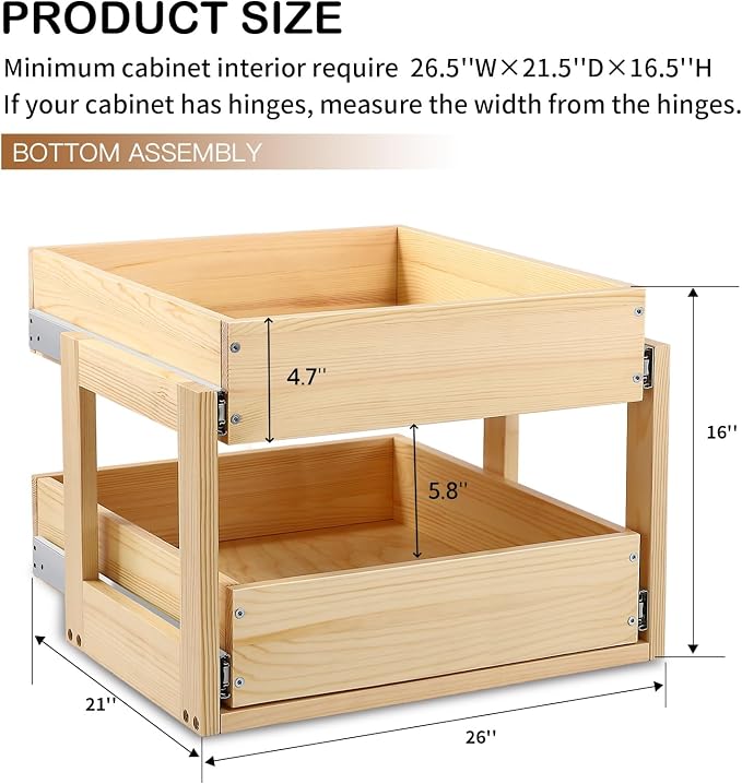 Pull Out Cabinet Organizer, 26''W×21''D×16''H Soft Close Slide Out Wood Drawer Shelves Storage for Kitchen, 2-Tier, Finished, Heavy-Duty, Bottom Assembly - Image 3