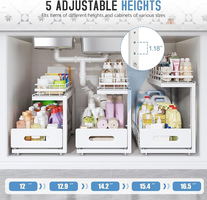Under Sink Organizer Upgrade To Professional Rails,2-Tier Dual Pull Out Cabinet Storage,Height Adjustable Slide Out Drawers For Bathroom Kitchen,2 Pack-21"Dx12.8"-16.9"H,White - Image 6