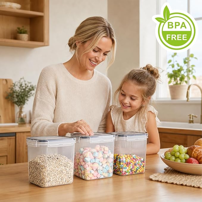VINATO Set of 3 Airtight Containers 2.5L - BPA Free Food Jars with 24 Labels and 3 Measuring Cups - Clear, Stackable - for Cereal, Flour, Sugar, Coffee - Image 4