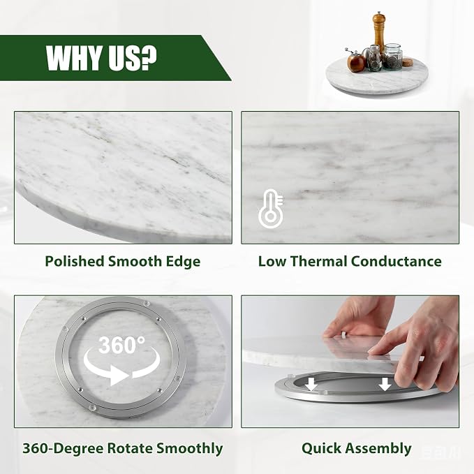 Marble Lazy Susan, 16” Lazy Susan for Table Top Detachable Turntable Organizer for Cabinet Pantry Kitchen Countertop Fridge Bathroom Makeup Vanity Countertop, Bianco Carrara - Image 2