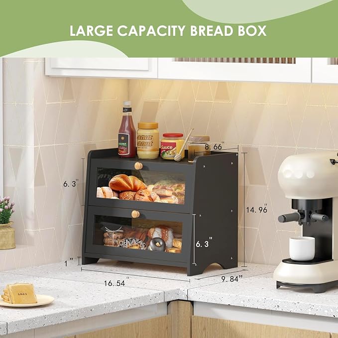 Double Layer Bread Box Container for Kitchen Countertop Homemade Bread | Large Breadbox Storage Wooden Farmhouse Bread Holder (Black, Large-16.54" L x 9.84" W x 14.96" H) - Image 2