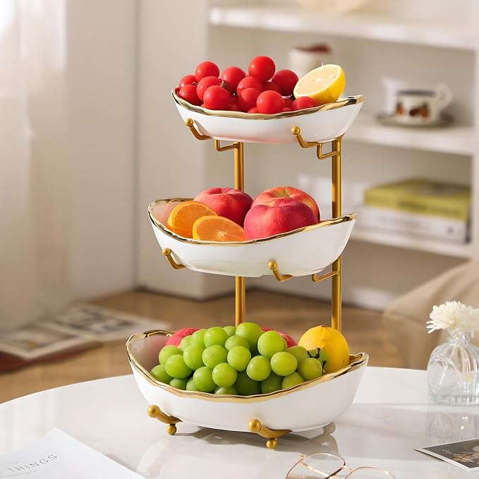 XUDREZ 3 Tier Fruit Bowl for Kitchen Counter with Metal Stand, Ceramic White Gold, Tiered Fruit Basket for Nuts, Snacks, Bread, Candy Storage (White A) - Image 3