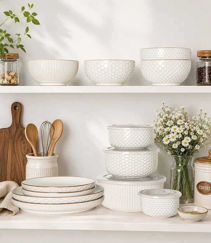 GBhome Ceramic Mixing Bowls Set of 4, Stoneware Nesting Serving Bowls | 48/30/18/10 oz For Prep, Baking, Serving, Gift, Microwave and Dishwasher Safe, Embossed Dishware Collection-Off White - Image 9