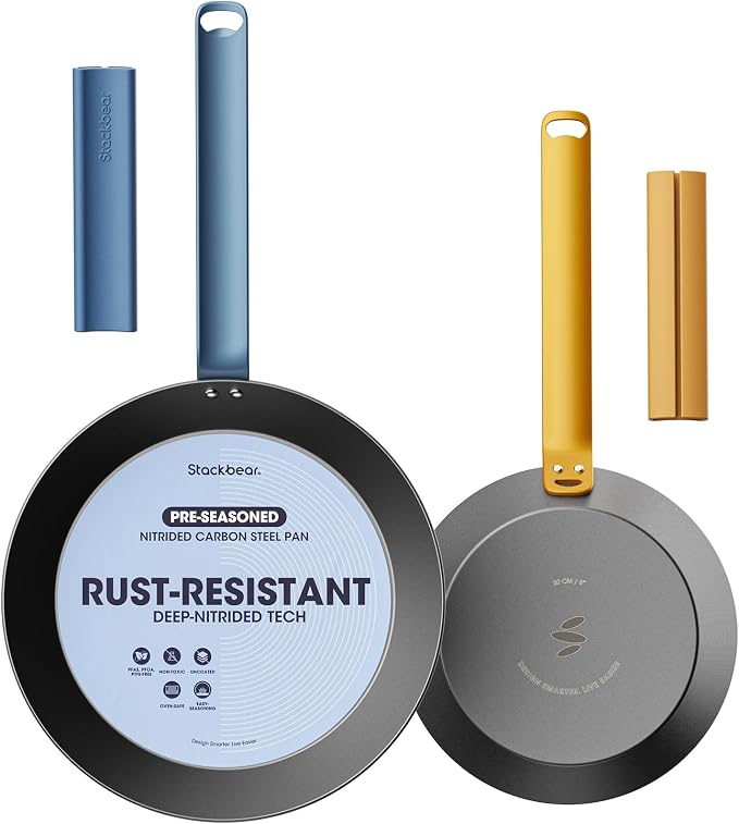 Carbon Steel Frying Pan Set, 8 & 10 Inch Nitrided Skillets | 2 Versatile Sizes for Everyday Meals; Natural Patina Builds Over Time without Chemical Coatings by Stackbear-DesignsmarterLiveeasier