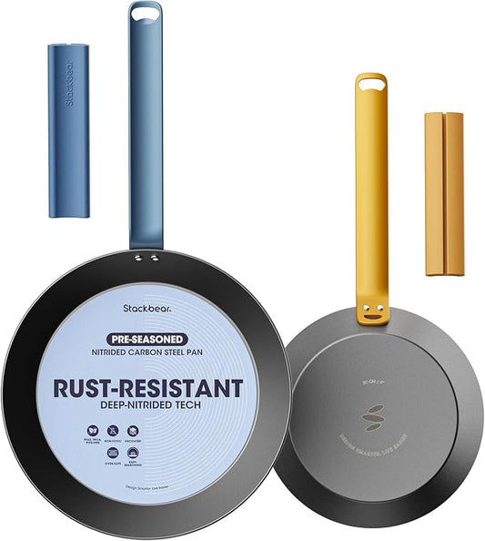 Carbon Steel Frying Pan Set, 8 & 10 Inch Nitrided Skillets | 2 Versatile Sizes for Everyday Meals; Natural Patina Builds Over Time without Chemical Coatings by Stackbear-DesignsmarterLiveeasier