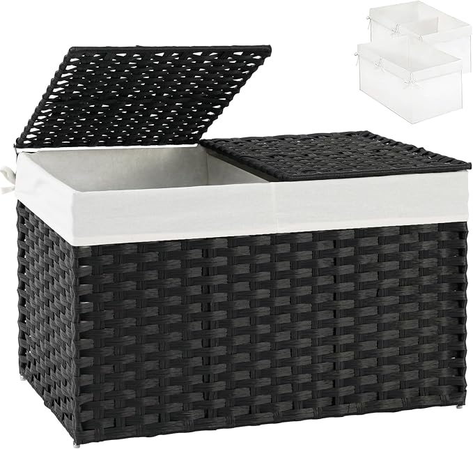 SETVSON Storage Basket with Lid Wicker Baskets for Storage, 160L Black | 42.3 Gallon Dual Lid Jumbo Blanket Storage Trunk, Divided Clothes Organizer, 2 Washable Liner Bags, Collapsible PE Rattan Bin by SETVSON