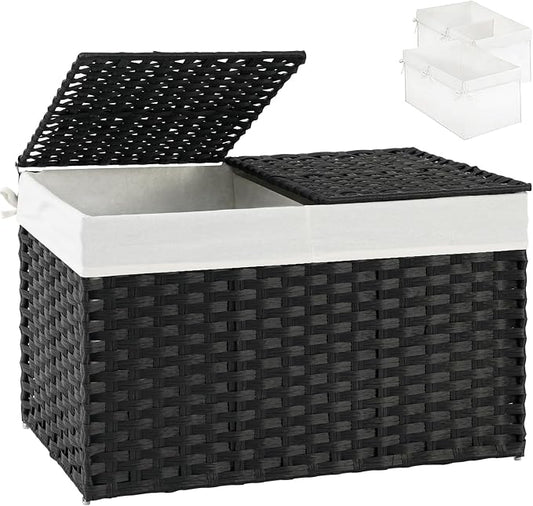 SETVSON Storage Basket with Lid Wicker Baskets for Storage, 160L Black | 42.3 Gallon Dual Lid Jumbo Blanket Storage Trunk, Divided Clothes Organizer, 2 Washable Liner Bags, Collapsible PE Rattan Bin by SETVSON