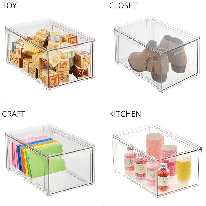 mDesign Plastic Stackable Bathroom Storage with Pull Out Bin Organizer Drawer for Cabinet, Vanity, Shelf, Cupboard, Cabinet, or Closet Organization - Lumiere Collection - 4 Pack - Clear - Image 6