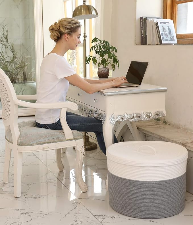 20x15 Inch Extra Large Round Cotton Rope Storage Basket with Lid, Decorative Woven Bin with Cover for Living Room Bedroom Closet, Grey - Image 7
