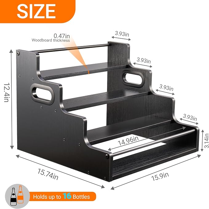 YQBRAO 4-Tier Liquor Bottle Display Shelf, 16-Inch, Black | Holds up to 16 bottles with raised rows for clear viewing; ideal for whiskey, spirits, home bars, and kitchens. - Image 3