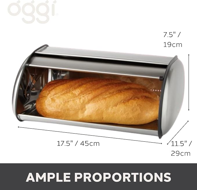 Oggi Stainless Steel Roll Top Bread Box for Kitchen Countertop with Stainless Steel Lid - Fits Multiple Large Loaves of Bread and Other Freshly Baked Goods Including Cookies, Bagels, Muffins - Image 4