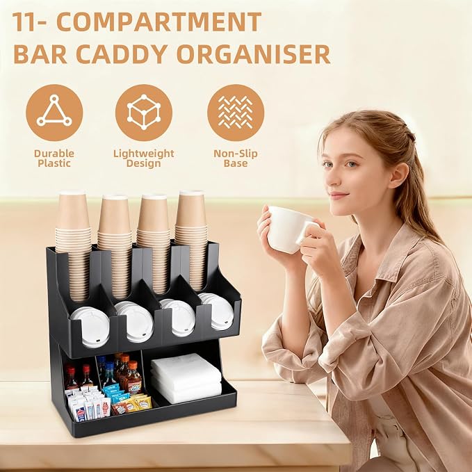 Commercial Cup and Lid Holder with Straw Organizer,Disposable Coffee Cup Condiment Dispenser for Countertop Org, Coffee Bar, Beverage Cup, Kitchen, Breakroom (11 Compartment Upright) - Image 3