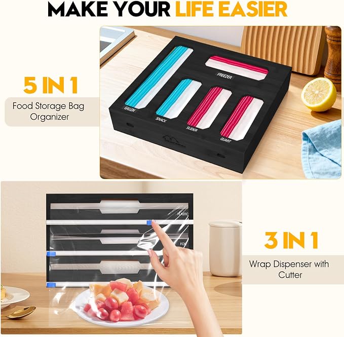 9 in 1 Foil and Plastic Wrap Dispenser with Cutter, Black Bamboo Ziplock Bag Organizer for Drawer - Holds Gallon, Quart Bags & Aluminum Foil/Wax Paper, Wall Mountable Kitchen Storage - Image 5