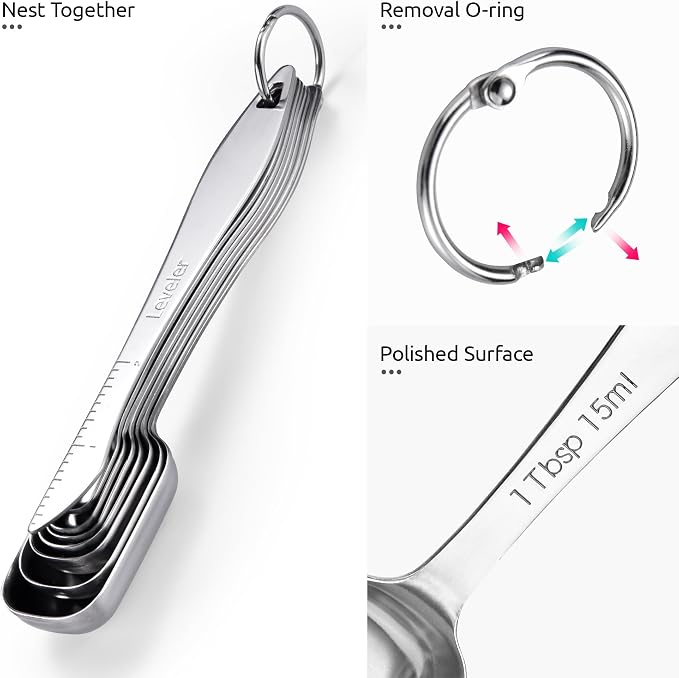 U-Taste 16"x20" Food-Grade Liquid Silicone Pastry Mat with Clear Measurement, and 18/8 Stainless Steel Square Measuring Spoons Set of 8 (Aqua Sky+Silver) - Image 7